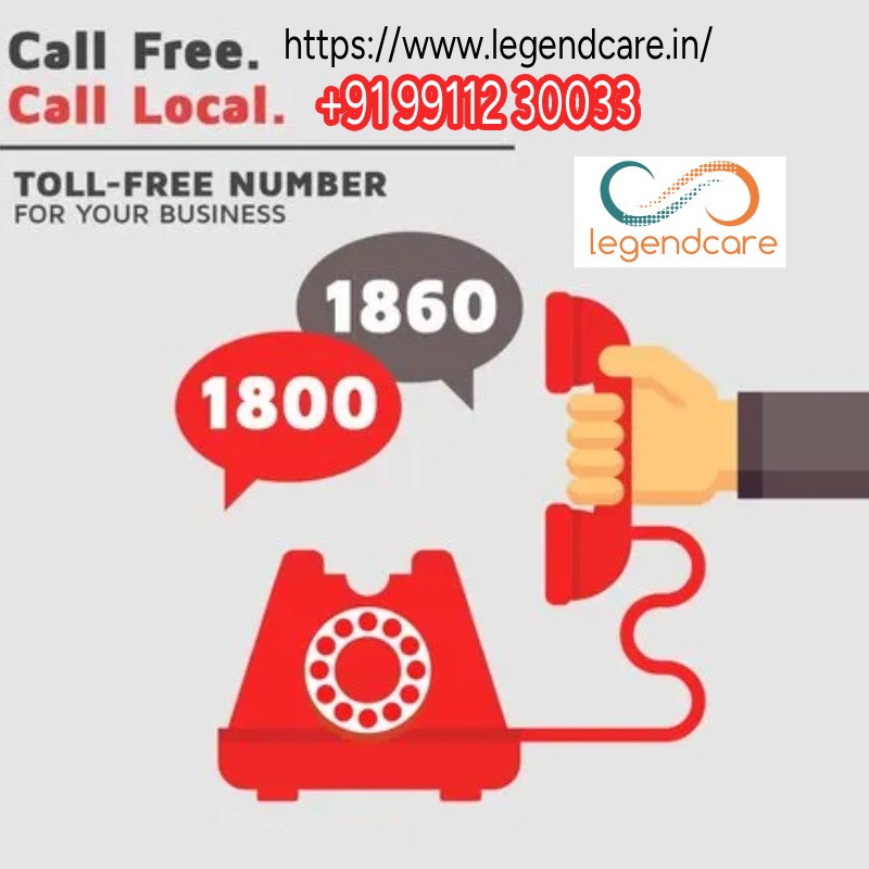 Illustration featuring a red rotary phone with a hand holding the receiver. Speech bubbles show "1800" and "1860". Text includes contact info and "legendcare" logo. Tone is service-oriented.